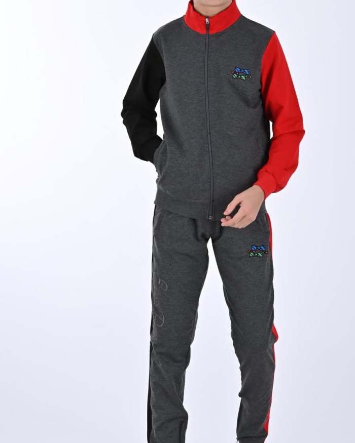 Boys Tracksuit; Grey and Red; Polyster; Available 6yrs, 8yrs, 10yrs