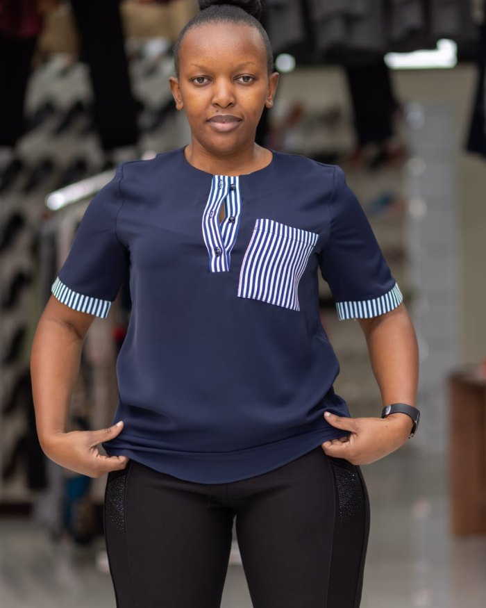 Ladies Blouse – Striped & Navy Blue - Size 36-40