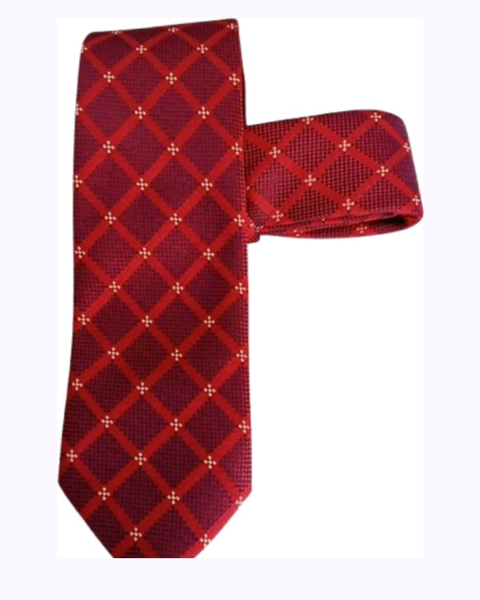 Tie, checked flowered, red with black stripes.